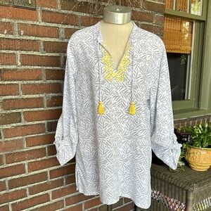 Fresh Produce boho white/gray/yellow embroidery tunic top w/tassels. Size M/L